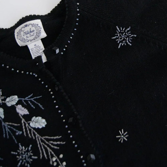 Vintage Stitches In Time Black Winter  Floral Button Up Cardigan Sweater 1X - Picture 9 of 9